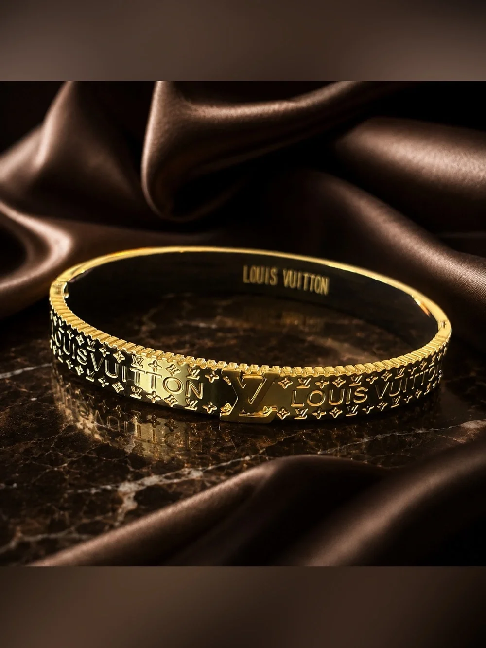Gold LV Monogram Hinged Bangle Bracelet